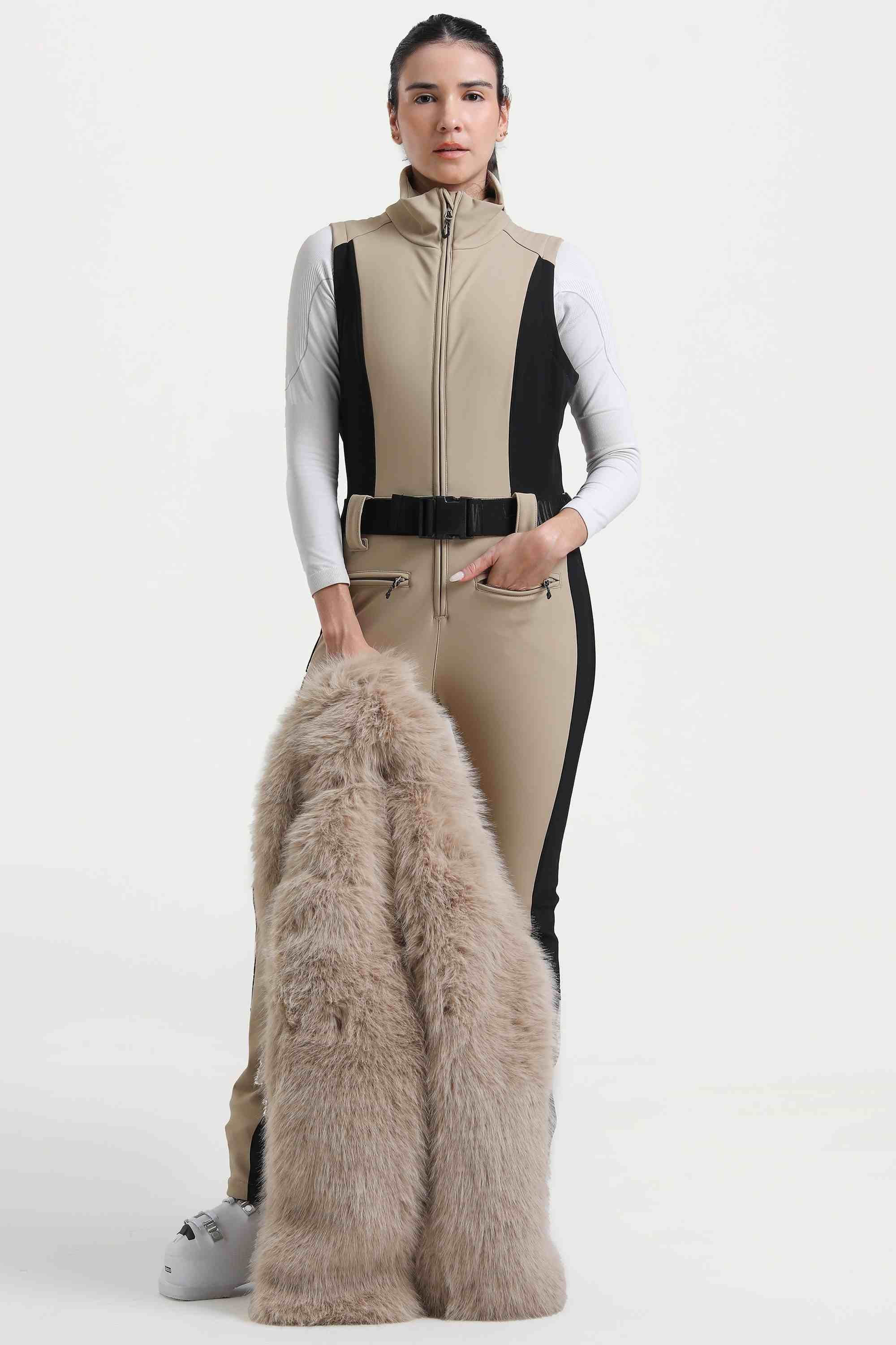 Women's Black Stylish Slim-Fit One-Piece Ski Suit With Detachable Faux Fox Fur Jacket & Flared Legs Snowboard Suit - Gsou Snow