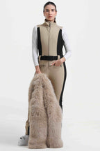 Women's Khaki Slim-Fit Detachable Faux Fox Fur Flared-Leg One-Piece Ski Suit Snowboard Suit