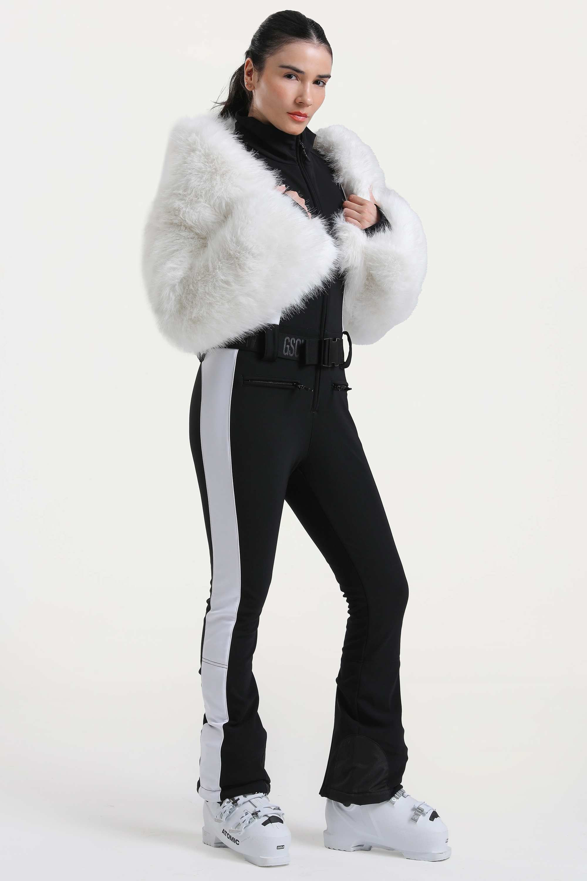 Women's White Slim-Fit Detachable Faux Fox Fur Flared-Leg One-Piece Ski Suit Snowboard Suit