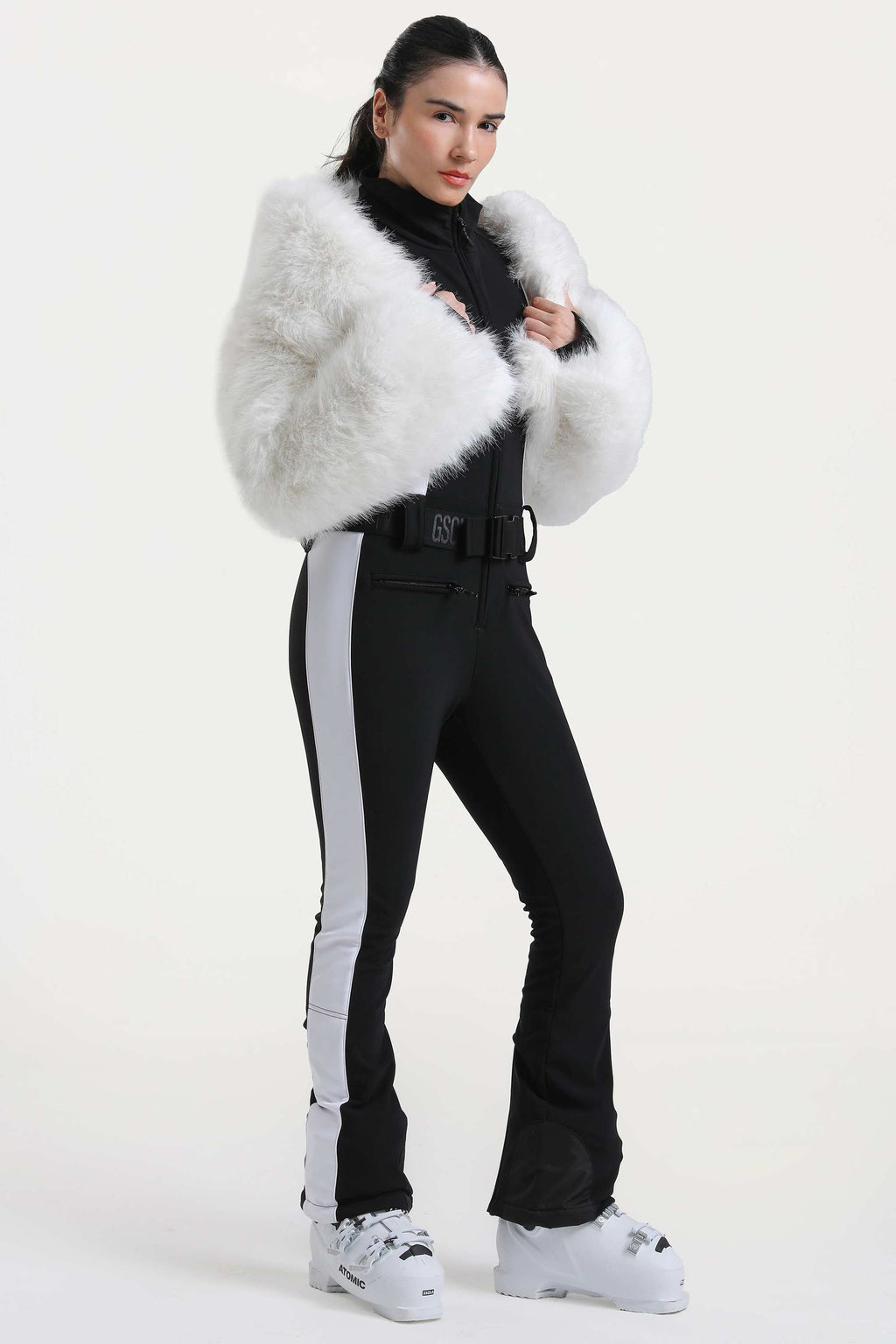 Women's White Stylish Slim-Fit One-Piece Ski Suit With Detachable Faux Fox Fur Jacket & Flared Legs Snowboard Suit - Gsou Snow