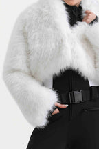 Women's White Stylish Slim-Fit One-Piece Ski Suit With Detachable Faux Fox Fur Jacket & Flared Legs Snowboard Suit - Gsou Snow
