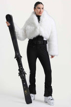 Women's Khaki Slim-Fit Detachable Faux Fox Fur Flared-Leg One-Piece Ski Suit Snowboard Suit