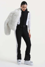 Women's Khaki Slim-Fit Detachable Faux Fox Fur Flared-Leg One-Piece Ski Suit Snowboard Suit