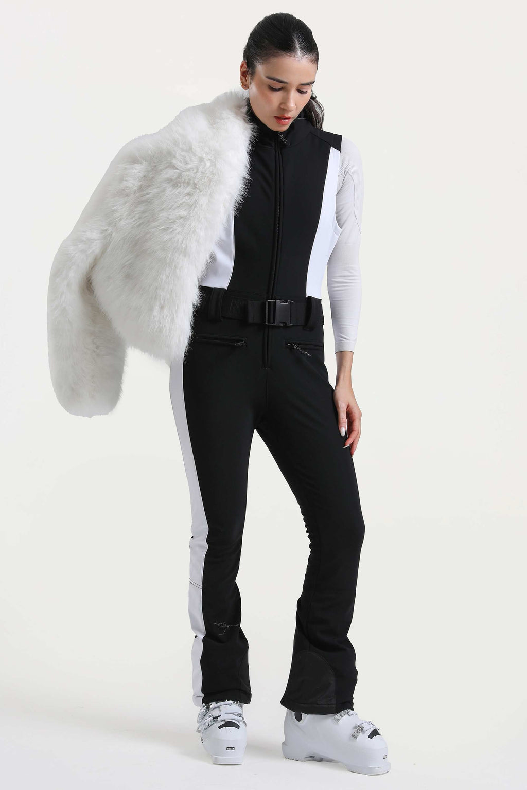 Women's Black Slim-Fit Detachable Faux Fox Fur Flared-Leg One-Piece Ski Suit Snowboard Suit