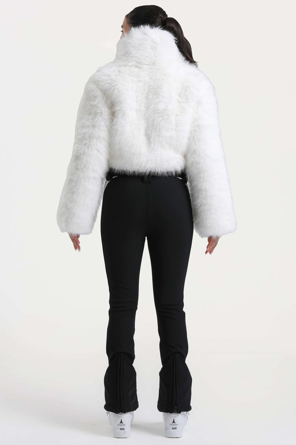 Women's White Stylish Slim-Fit One-Piece Ski Suit With Detachable Faux Fox Fur Jacket & Flared Legs Snowboard Suit - Gsou Snow