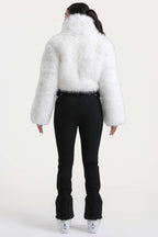 Women's White Stylish Slim-Fit One-Piece Ski Suit With Detachable Faux Fox Fur Jacket & Flared Legs Snowboard Suit - Gsou Snow