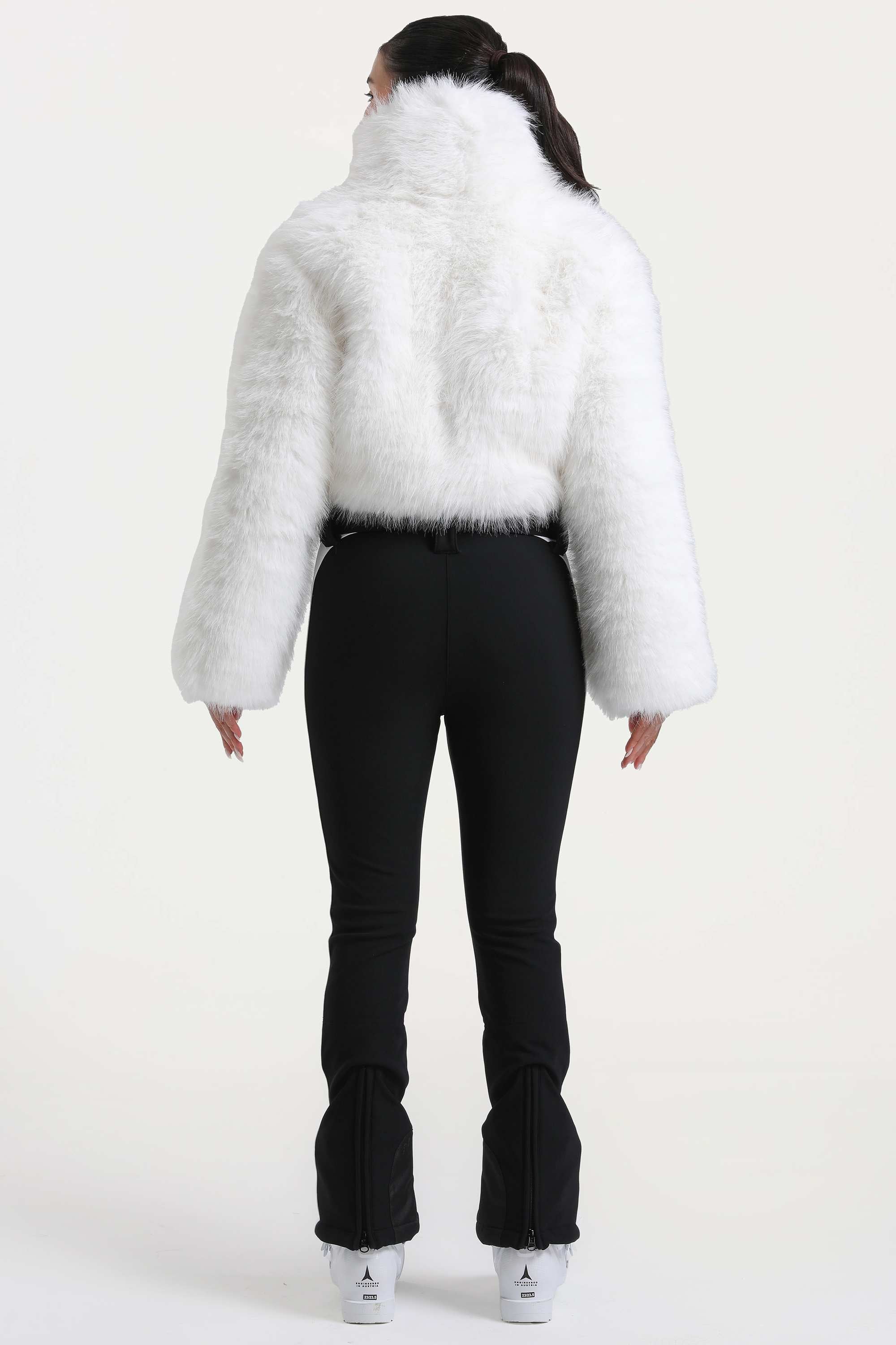 Women's White Stylish Slim-Fit One-Piece Ski Suit With Detachable Faux Fox Fur Jacket & Flared Legs Snowboard Suit - Gsou Snow