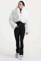 Women's White Stylish Slim-Fit One-Piece Ski Suit With Detachable Faux Fox Fur Jacket & Flared Legs Snowboard Suit - Gsou Snow