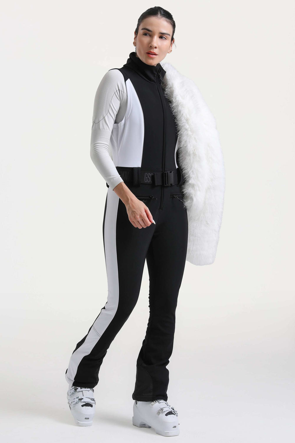 Women's White Stylish Slim-Fit One-Piece Ski Suit With Detachable Faux Fox Fur Jacket & Flared Legs Snowboard Suit - Gsou Snow