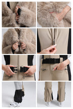 Women's Black Slim-Fit Detachable Faux Fox Fur Flared-Leg One-Piece Ski Suit Snowboard Suit