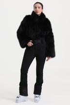 Women's Black Fashion Slim-Fit Stretch Faux Fox Fur Flared One-Piece Ski Suit Snowboard Suit