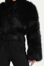 Women's Black Fashion Slim-Fit Stretch One-Piece Ski Suit With Faux Fox Fur Jacket & Flared Legs Snowboard Suit - Gsou Snow