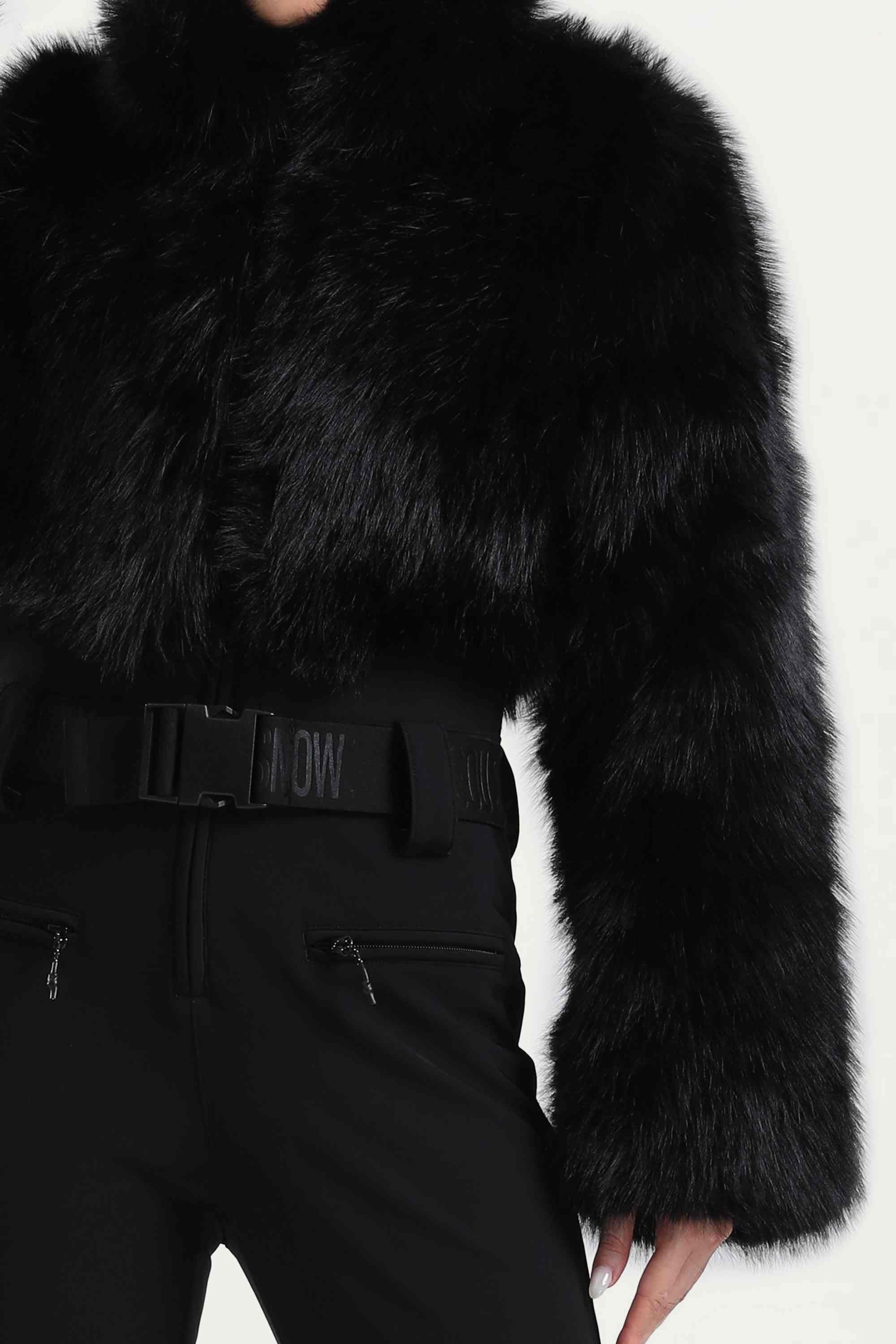 Women's Black Fashion Slim-Fit Stretch One-Piece Ski Suit With Faux Fox Fur Jacket & Flared Legs Snowboard Suit - Gsou Snow