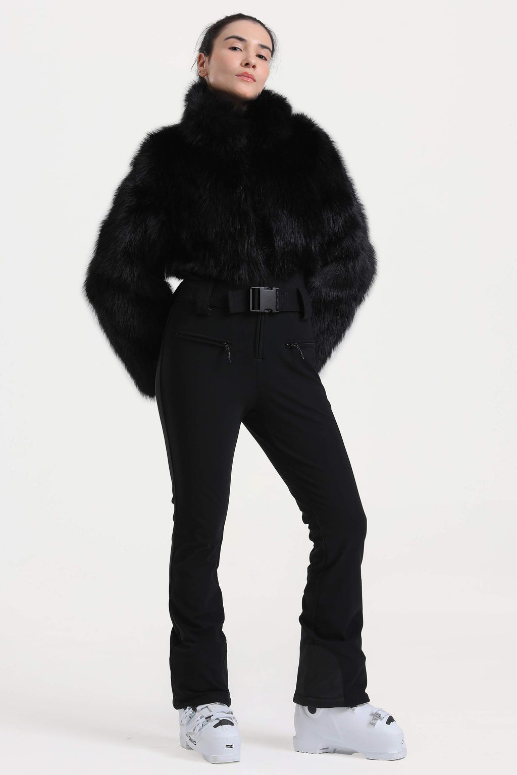 Women's Black Fashion Slim-Fit Stretch One-Piece Ski Suit With Faux Fox Fur Jacket & Flared Legs Snowboard Suit - Gsou Snow