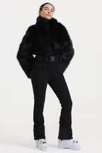 Women's Black Fashion Slim-Fit Stretch One-Piece Ski Suit With Faux Fox Fur Jacket & Flared Legs Snowboard Suit - Gsou Snow