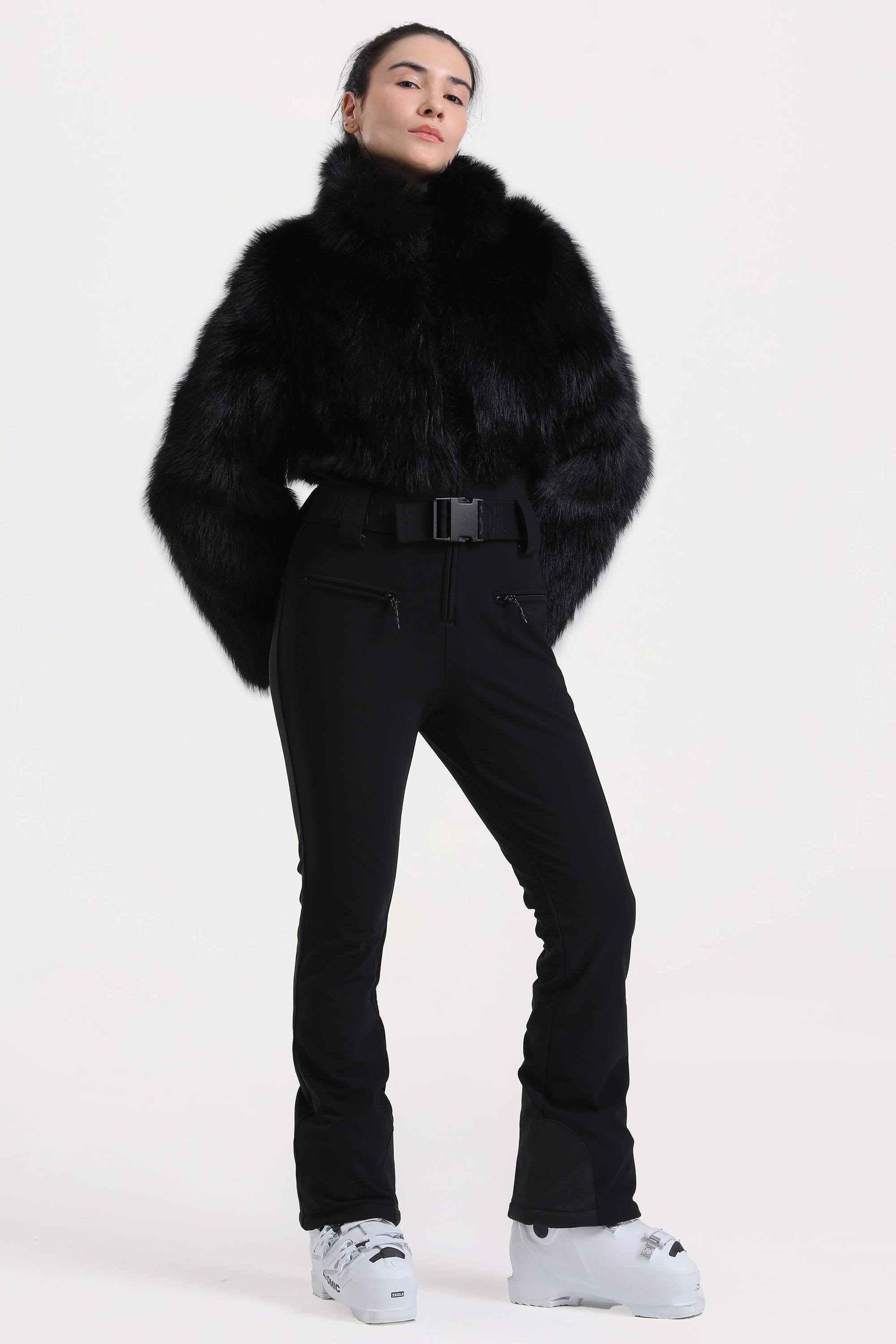 Women's Black Fashion Slim-Fit Stretch One-Piece Ski Suit With Faux Fox Fur Jacket & Flared Legs Snowboard Suit - Gsou Snow
