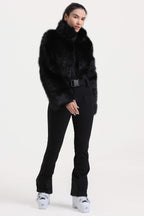 Women's Black Fashion Slim-Fit Stretch One-Piece Ski Suit With Faux Fox Fur Jacket & Flared Legs Snowboard Suit - Gsou Snow