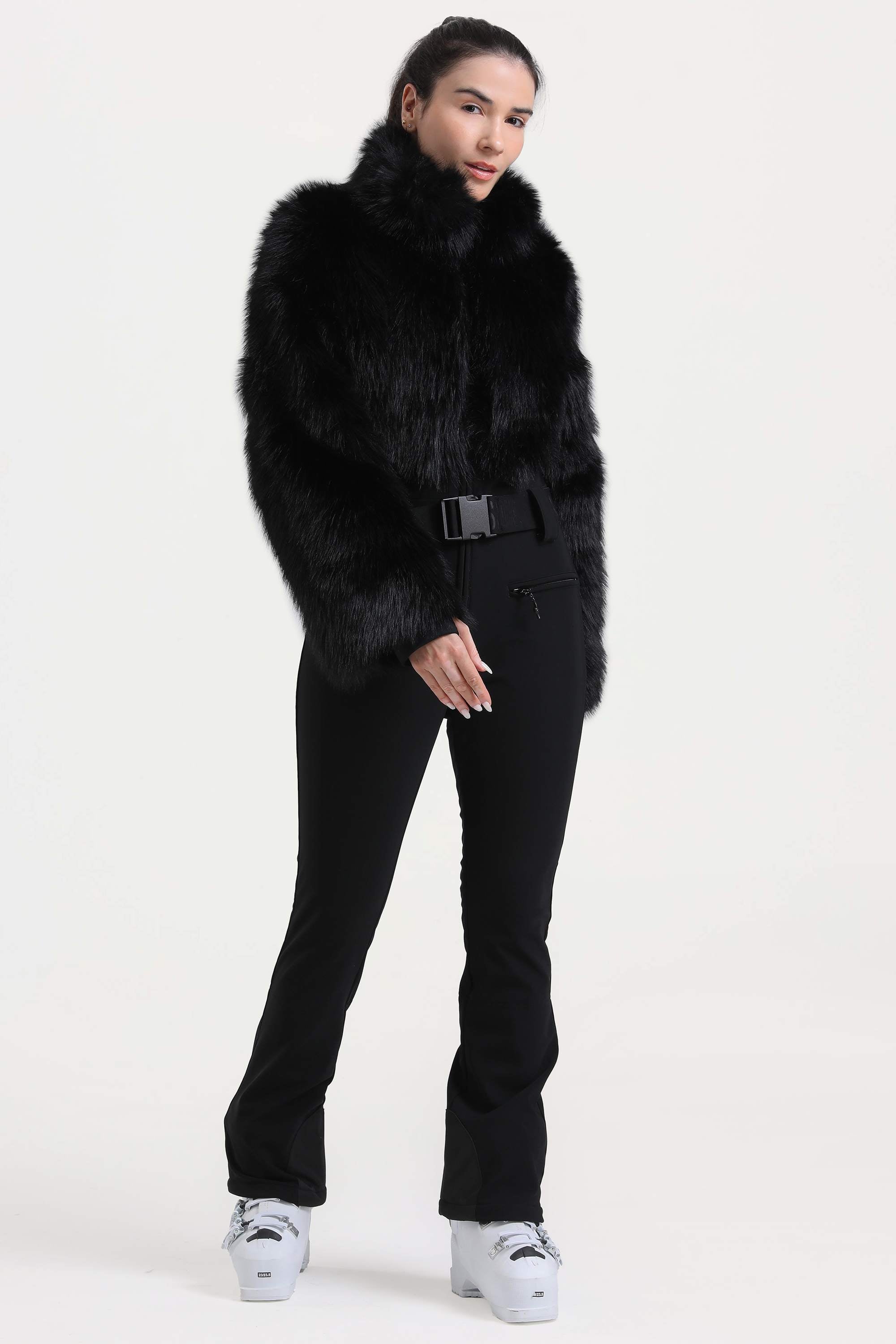 Women's Black Fashion Slim-Fit Stretch One-Piece Ski Suit With Faux Fox Fur Jacket & Flared Legs Snowboard Suit - Gsou Snow