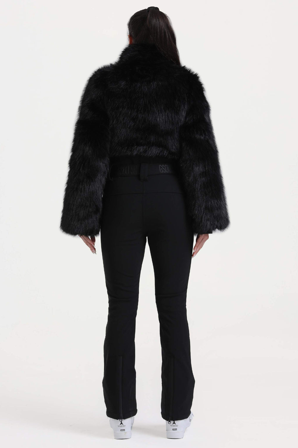 Women's Black Fashion Slim-Fit Stretch One-Piece Ski Suit With Faux Fox Fur Jacket & Flared Legs Snowboard Suit - Gsou Snow