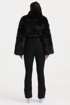 Women's Black Fashion Slim-Fit Stretch One-Piece Ski Suit With Faux Fox Fur Jacket & Flared Legs Snowboard Suit - Gsou Snow