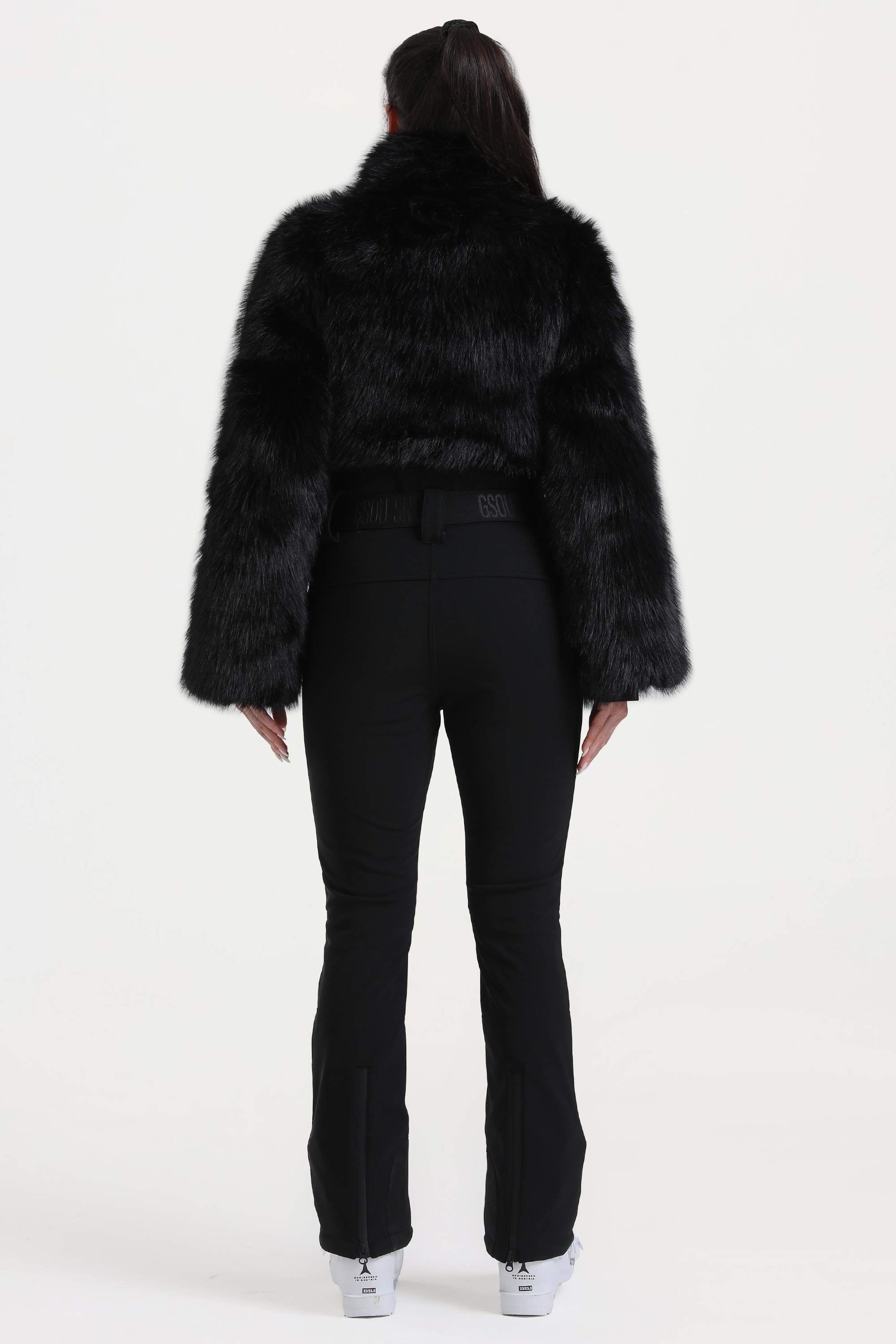 Women's Black Fashion Slim-Fit Stretch One-Piece Ski Suit With Faux Fox Fur Jacket & Flared Legs Snowboard Suit - Gsou Snow