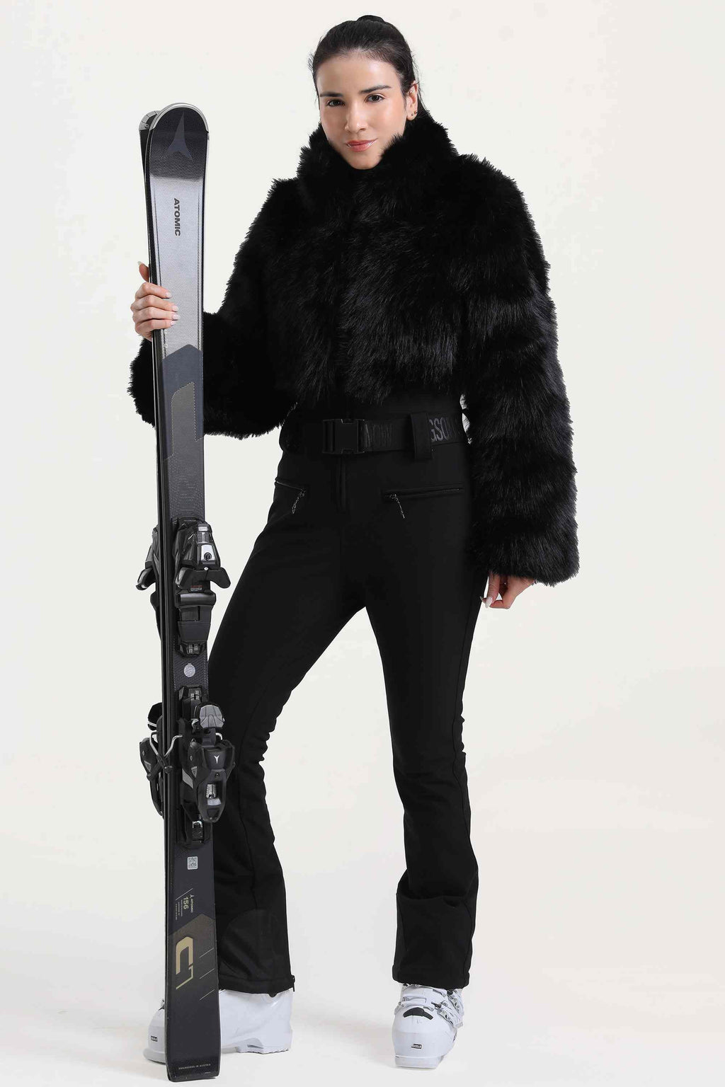 Women's Khaki Fashion Slim-Fit Stretch One-Piece Ski Suit With Faux Fox Fur Jacket & Flared Legs Snowboard Suit - Gsou Snow