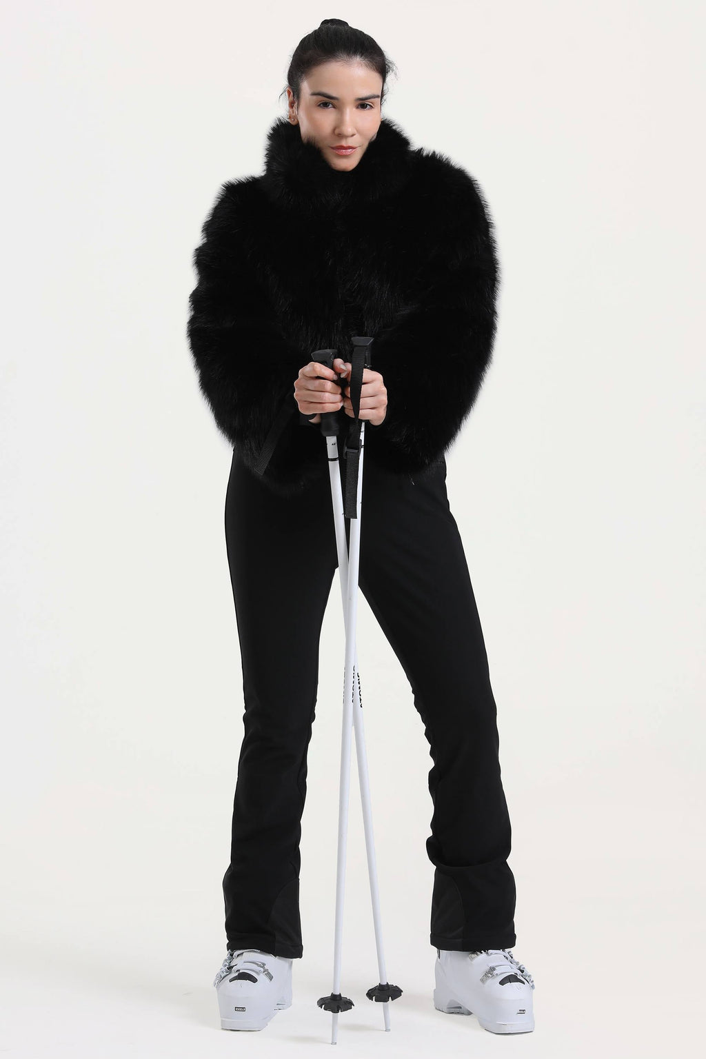 Women's Black Fashion Slim-Fit Stretch One-Piece Ski Suit With Faux Fox Fur Jacket & Flared Legs Snowboard Suit - Gsou Snow