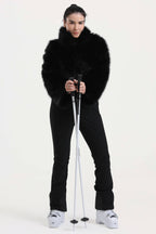 Women's Black Fashion Slim-Fit Stretch One-Piece Ski Suit With Faux Fox Fur Jacket & Flared Legs Snowboard Suit - Gsou Snow