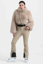 Women's Khaki Fashion Slim-Fit Stretch Faux Fox Fur Flared One-Piece Ski Suit Snowboard Suit