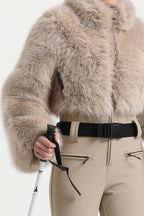 Women's Khaki Fashion Slim-Fit Stretch One-Piece Ski Suit With Faux Fox Fur Jacket & Flared Legs Snowboard Suit - Gsou Snow