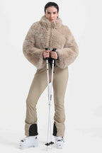 Women's Black Fashion Slim-Fit Stretch One-Piece Ski Suit With Faux Fox Fur Jacket & Flared Legs Snowboard Suit - Gsou Snow