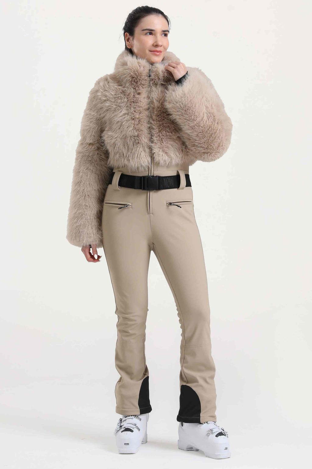 Women's Khaki Fashion Slim-Fit Stretch One-Piece Ski Suit With Faux Fox Fur Jacket & Flared Legs Snowboard Suit - Gsou Snow