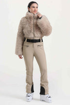 Women's Khaki Fashion Slim-Fit Stretch One-Piece Ski Suit With Faux Fox Fur Jacket & Flared Legs Snowboard Suit - Gsou Snow