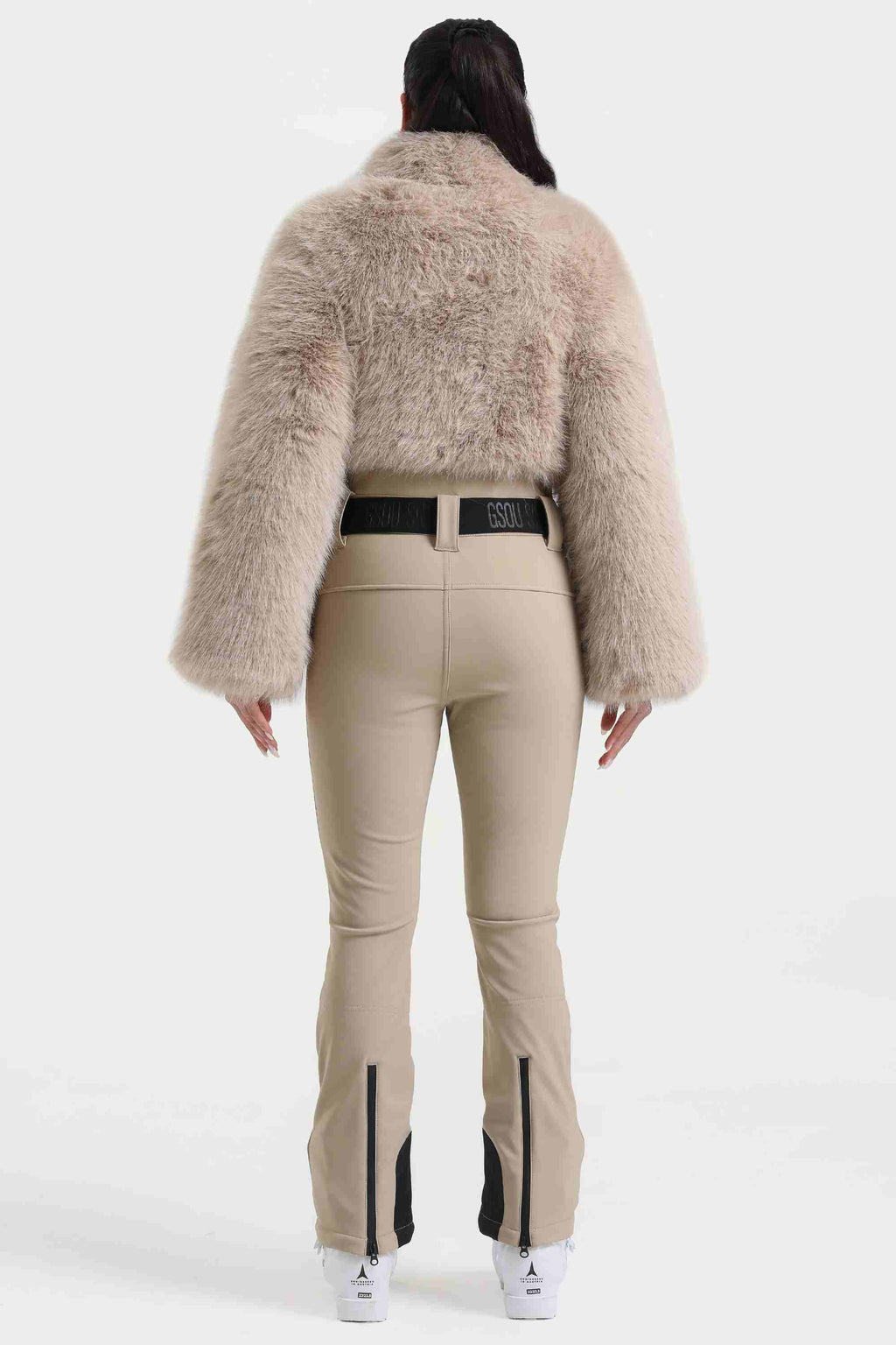 Women's Black Fashion Slim-Fit Stretch Faux Fox Fur Flared One-Piece Ski Suit Snowboard Suit