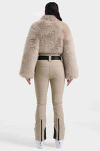 Women's Black Fashion Slim-Fit Stretch Faux Fox Fur Flared One-Piece Ski Suit Snowboard Suit