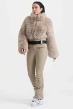 Women's Khaki Fashion Slim-Fit Stretch One-Piece Ski Suit With Faux Fox Fur Jacket & Flared Legs Snowboard Suit - Gsou Snow