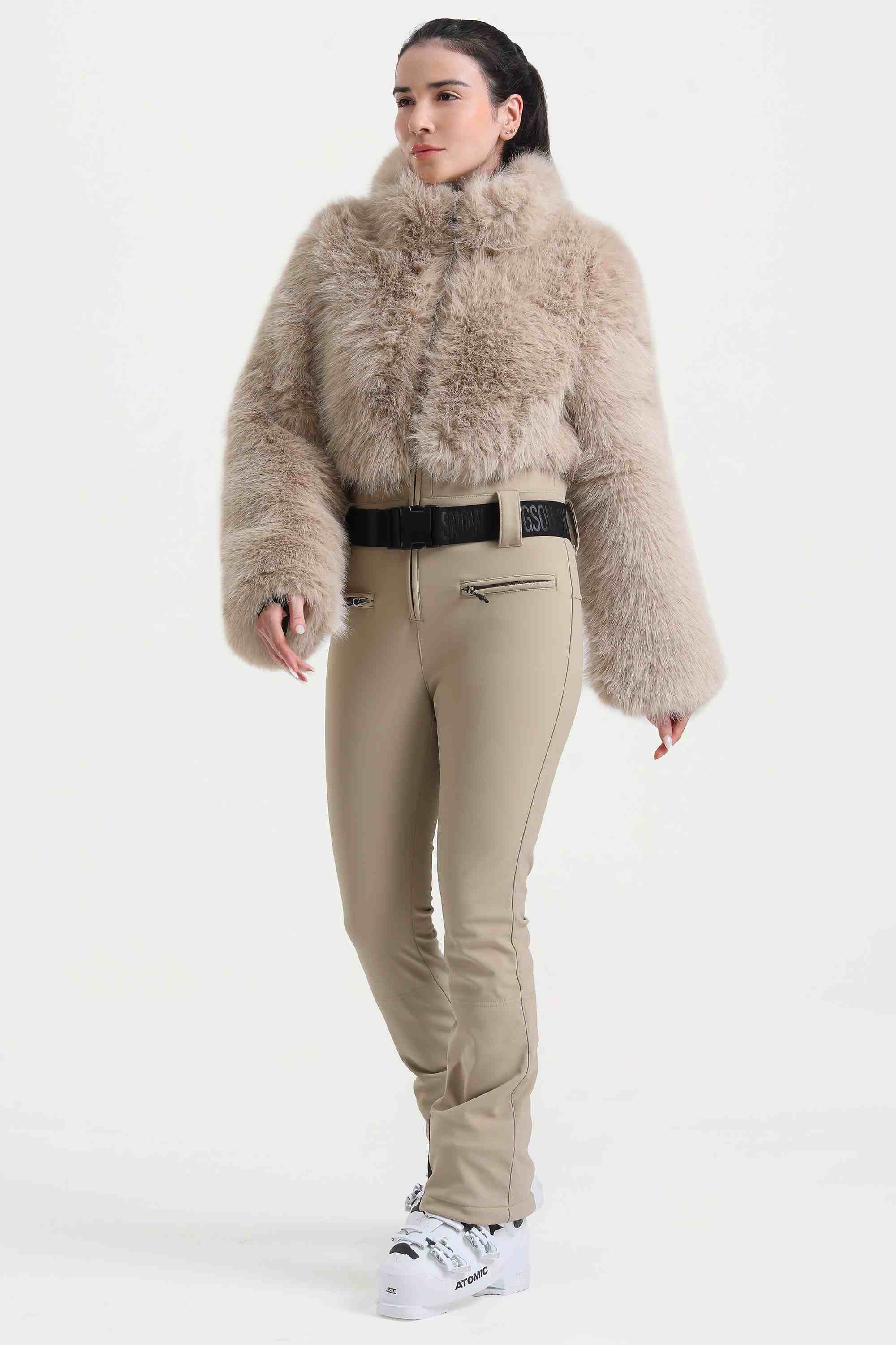Women's Khaki Fashion Slim-Fit Stretch One-Piece Ski Suit With Faux Fox Fur Jacket & Flared Legs Snowboard Suit - Gsou Snow