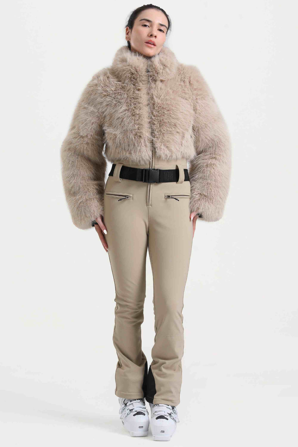 Women's Khaki Fashion Slim-Fit Stretch One-Piece Ski Suit With Faux Fox Fur Jacket & Flared Legs Snowboard Suit - Gsou Snow
