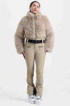 Women's Khaki Fashion Slim-Fit Stretch One-Piece Ski Suit With Faux Fox Fur Jacket & Flared Legs Snowboard Suit - Gsou Snow