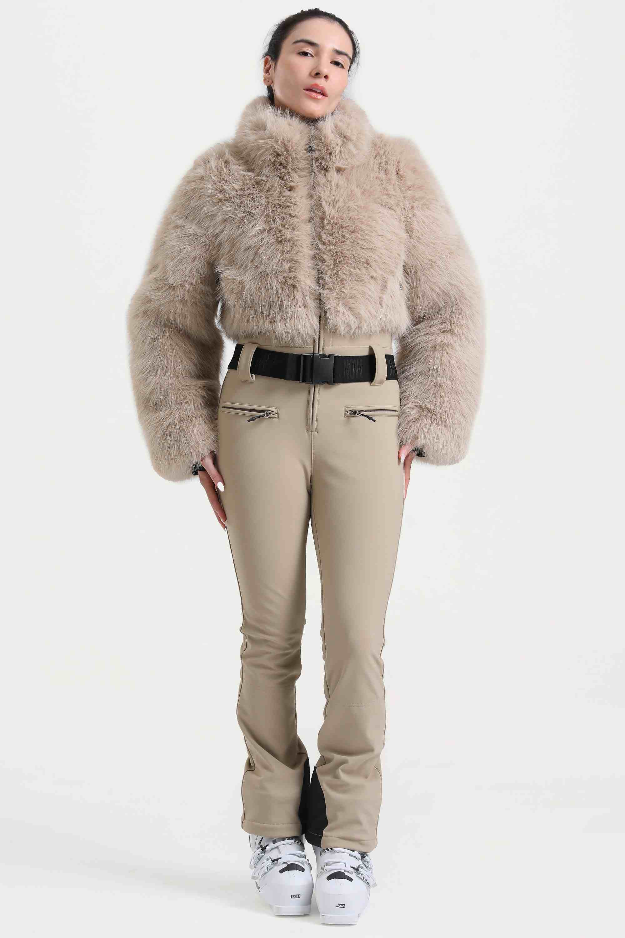 Women's Khaki Fashion Slim-Fit Stretch One-Piece Ski Suit With Faux Fox Fur Jacket & Flared Legs Snowboard Suit - Gsou Snow