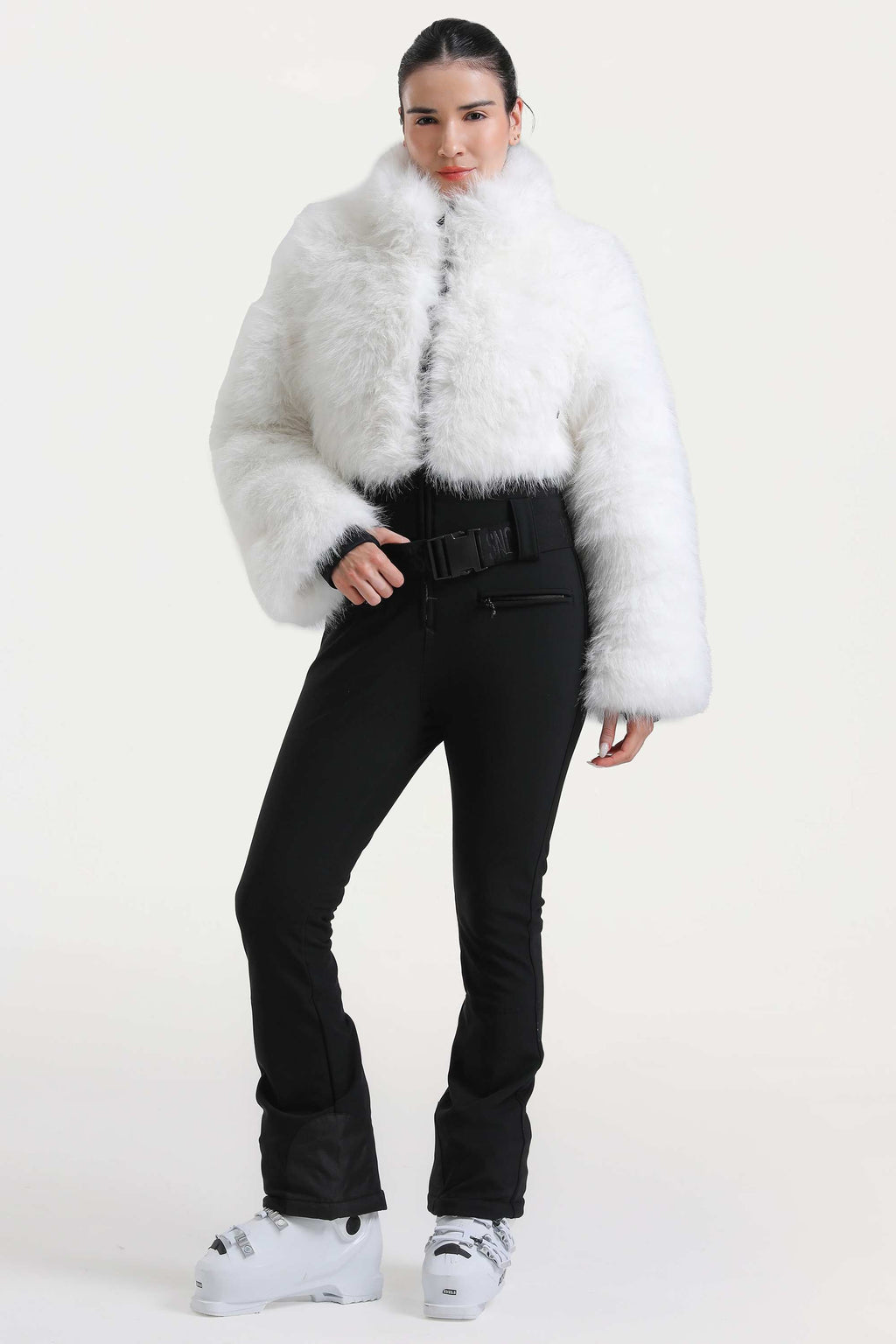 Women's White Fashion Slim-Fit Stretch One-Piece Ski Suit With Faux Fox Fur Jacket & Flared Legs Snowboard Suit - Gsou Snow