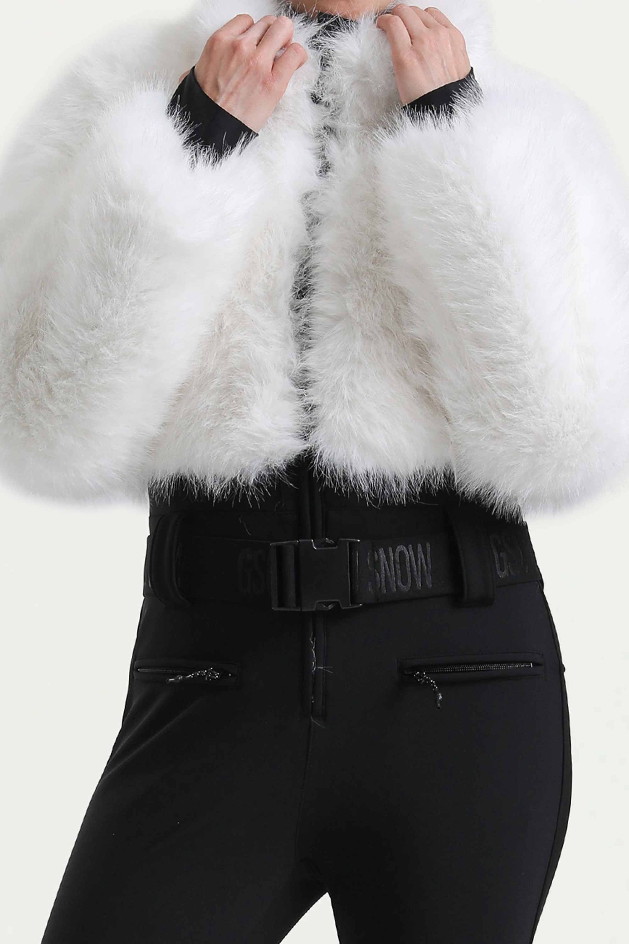 Women's White Fashion Slim-Fit Stretch Faux Fox Fur Flared One-Piece Ski Suit Snowboard Suit