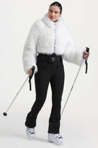Women's Khaki Fashion Slim-Fit Stretch Faux Fox Fur Flared One-Piece Ski Suit Snowboard Suit