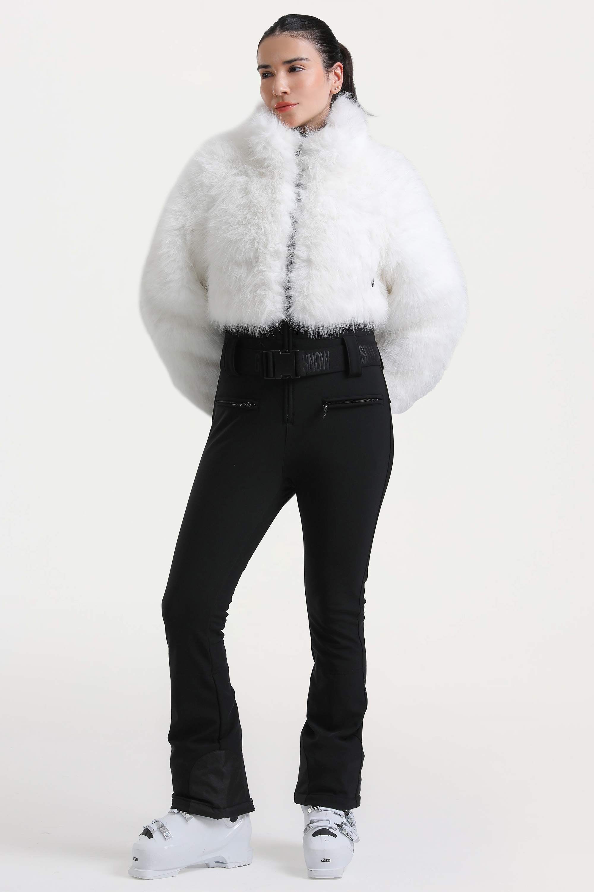 Women's Black Fashion Slim-Fit Stretch Faux Fox Fur Flared One-Piece Ski Suit Snowboard Suit