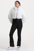 Women's White Fashion Slim-Fit Stretch One-Piece Ski Suit With Faux Fox Fur Jacket & Flared Legs Snowboard Suit - Gsou Snow