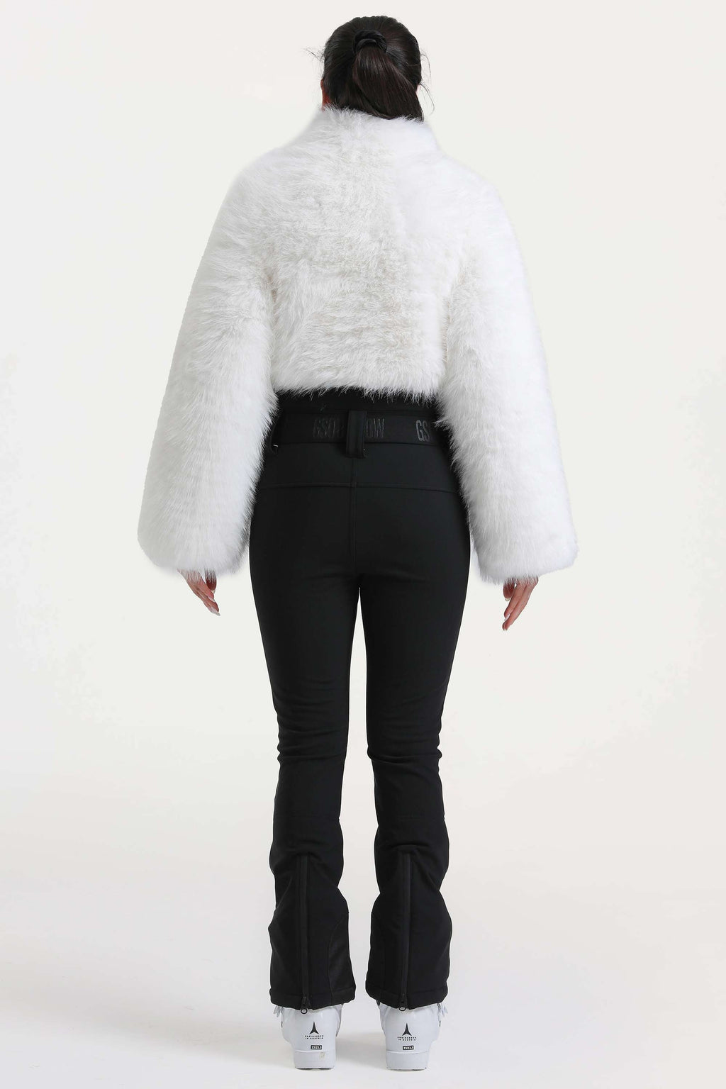 Women's White Fashion Slim-Fit Stretch One-Piece Ski Suit With Faux Fox Fur Jacket & Flared Legs Snowboard Suit - Gsou Snow