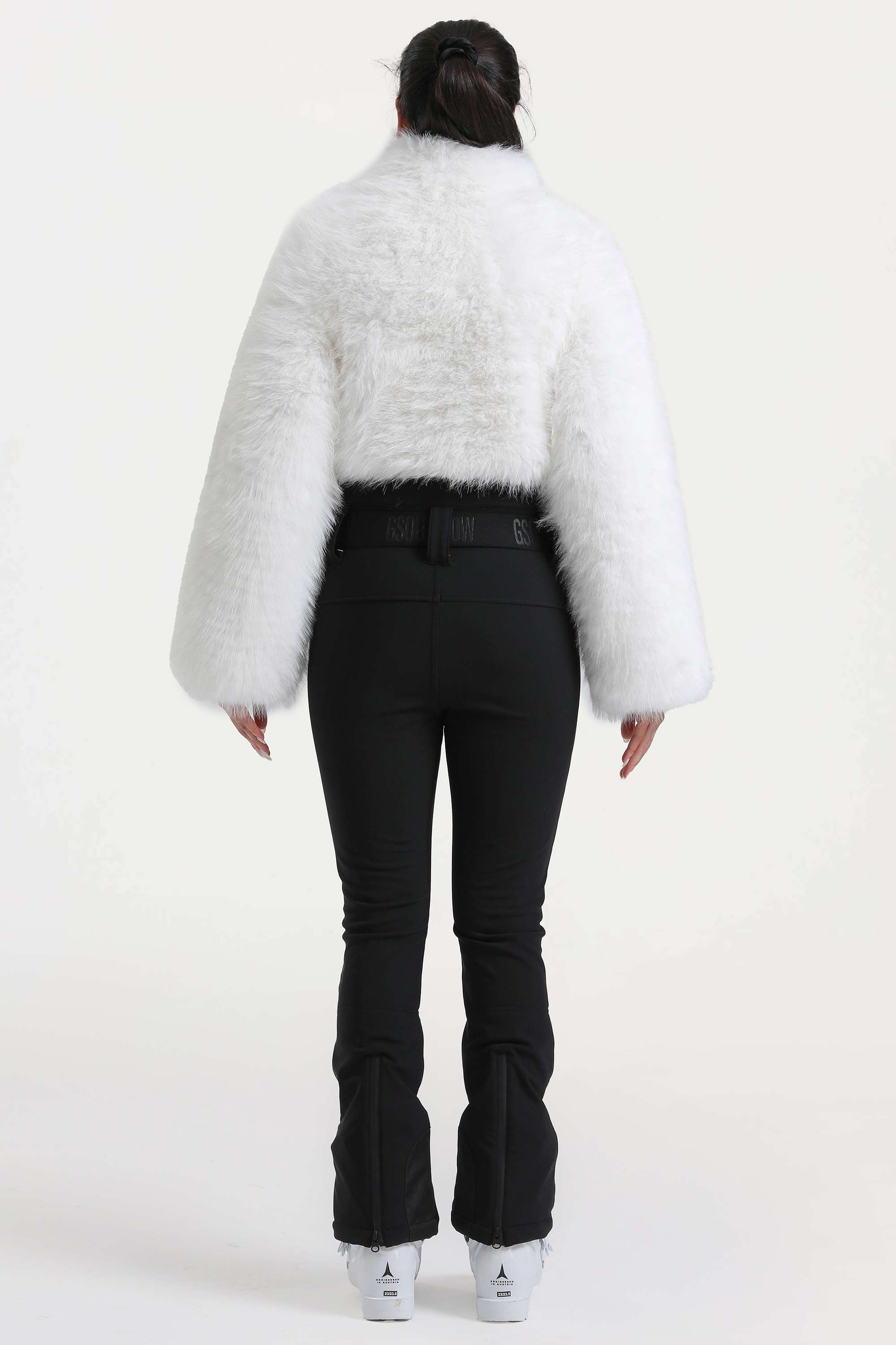 Women's White Fashion Slim-Fit Stretch One-Piece Ski Suit With Faux Fox Fur Jacket & Flared Legs Snowboard Suit - Gsou Snow