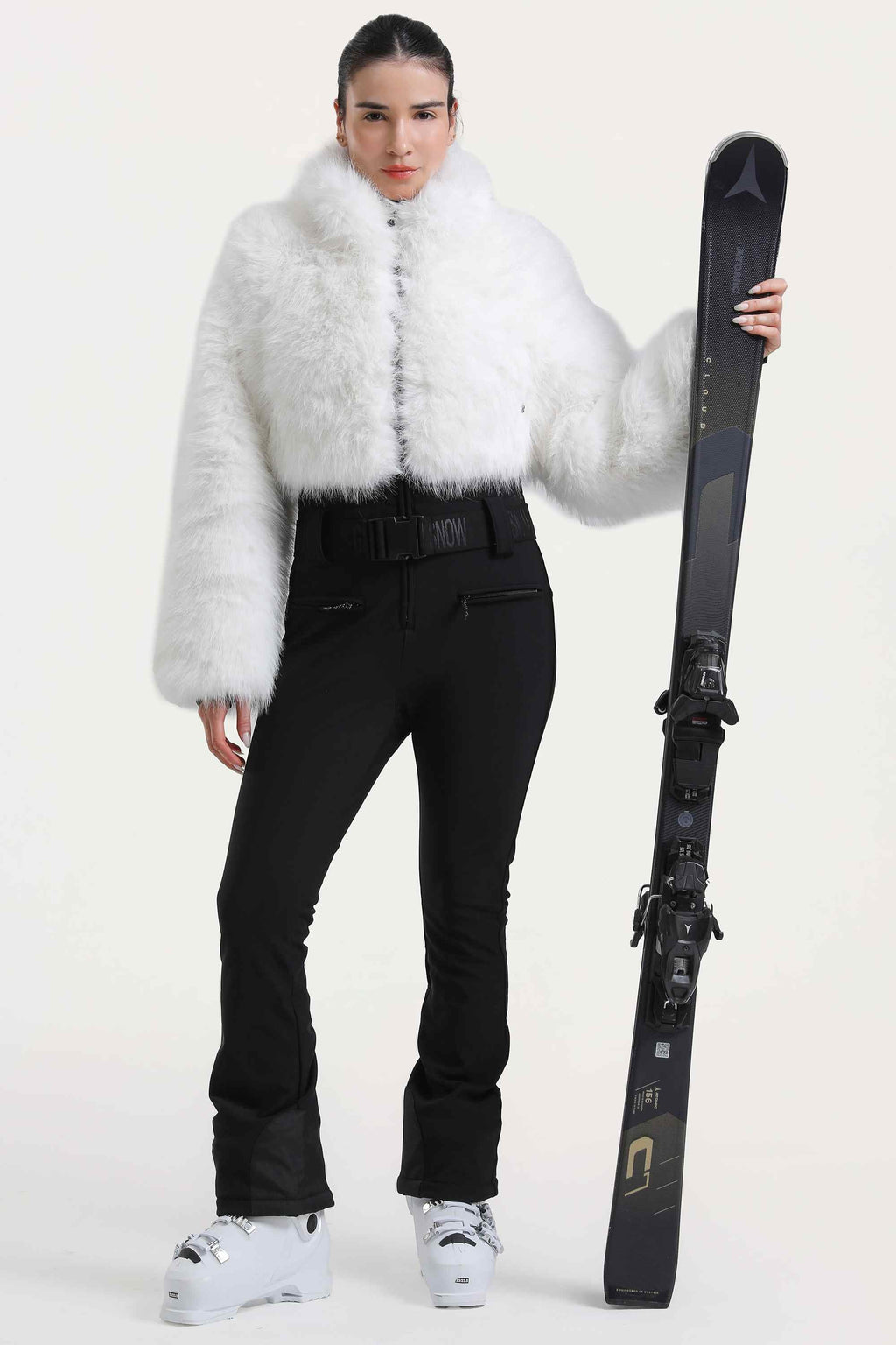 Women's White Fashion Slim-Fit Stretch One-Piece Ski Suit With Faux Fox Fur Jacket & Flared Legs Snowboard Suit - Gsou Snow