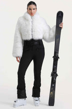 Women's White Fashion Slim-Fit Stretch One-Piece Ski Suit With Faux Fox Fur Jacket & Flared Legs Snowboard Suit - Gsou Snow