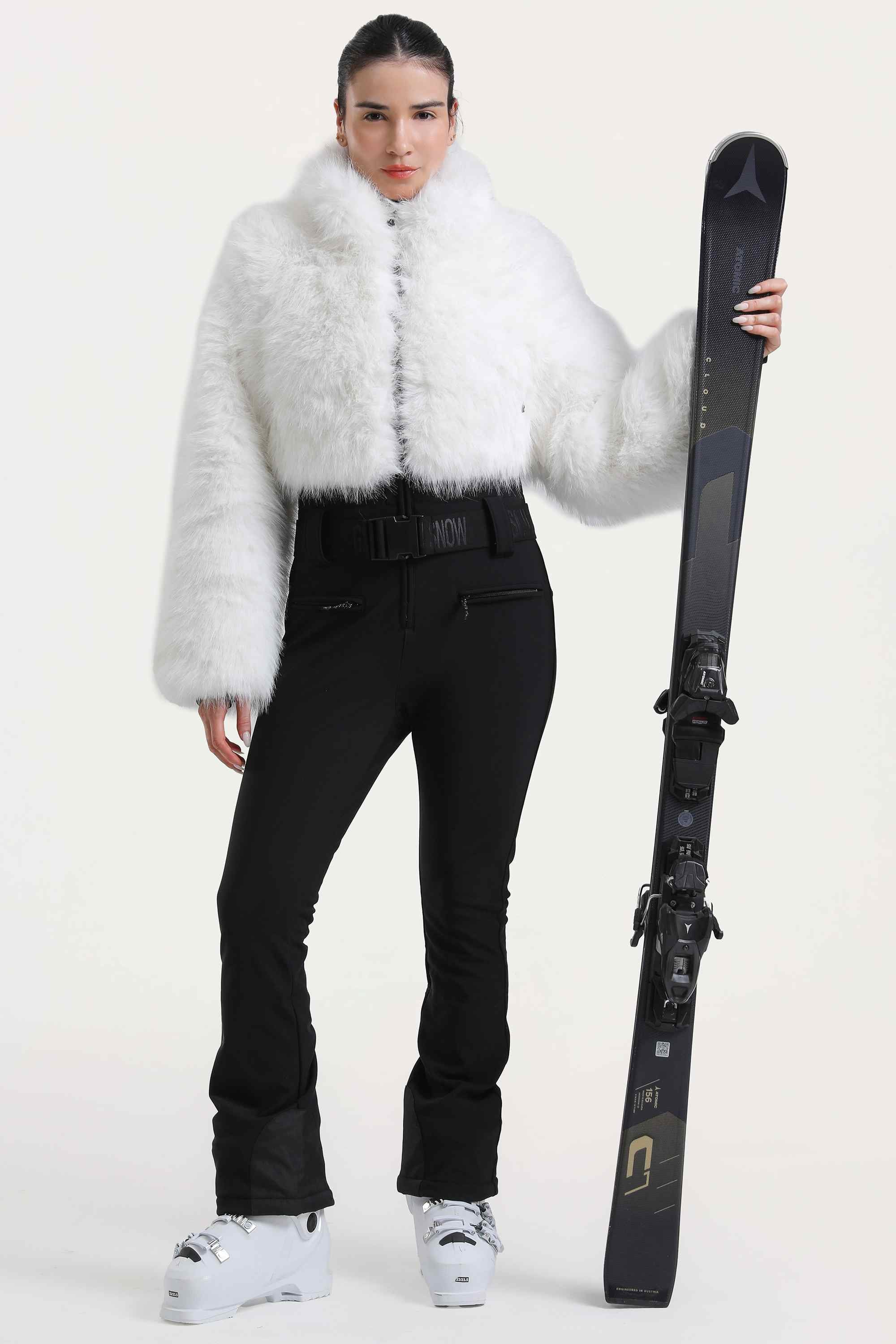 Women's White Fashion Slim-Fit Stretch One-Piece Ski Suit With Faux Fox Fur Jacket & Flared Legs Snowboard Suit - Gsou Snow